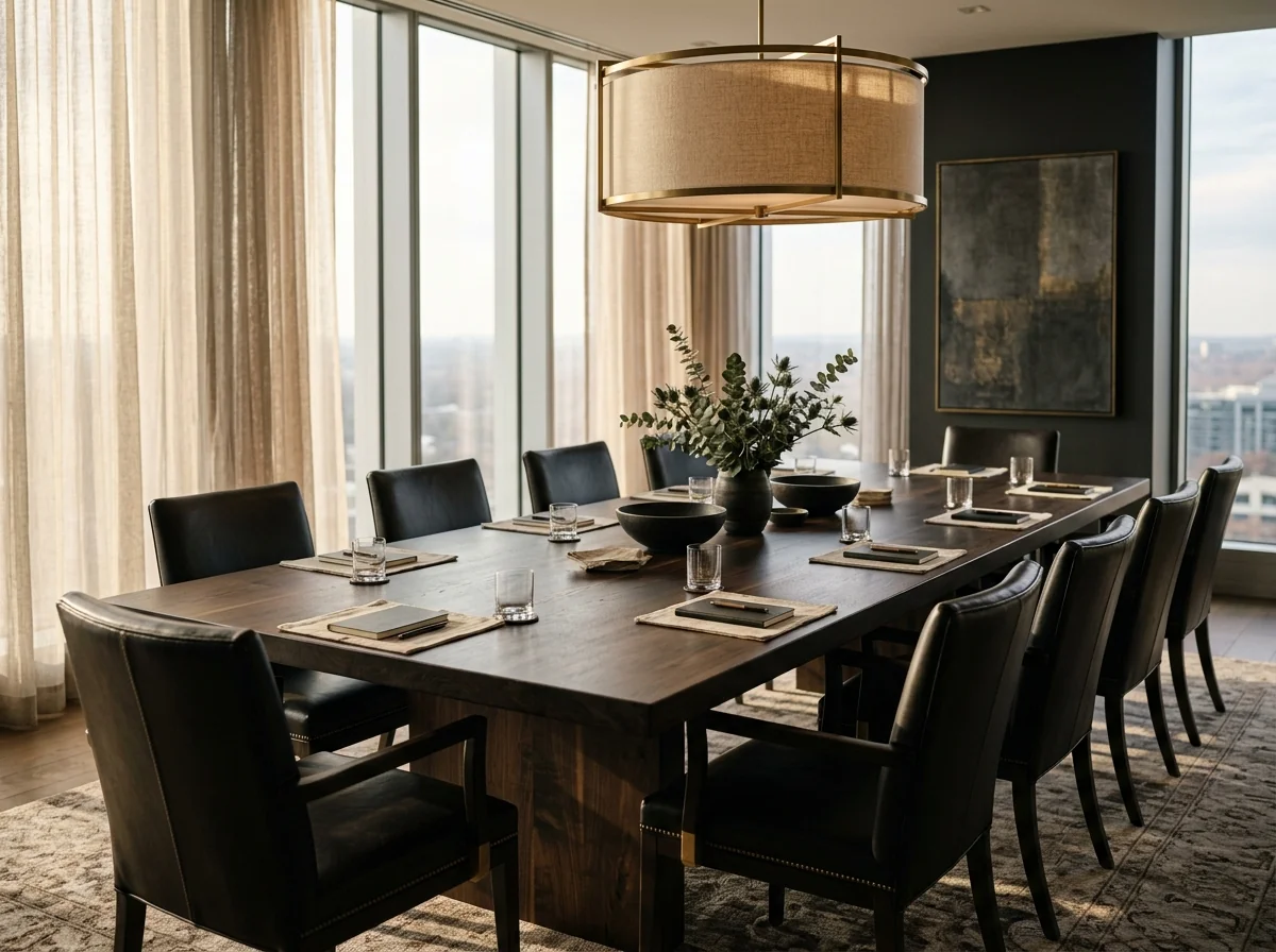 Black Walnut Rubio Black conference table for twelve in a quietly luxurious financial boardroom — Fargo Woodworks
