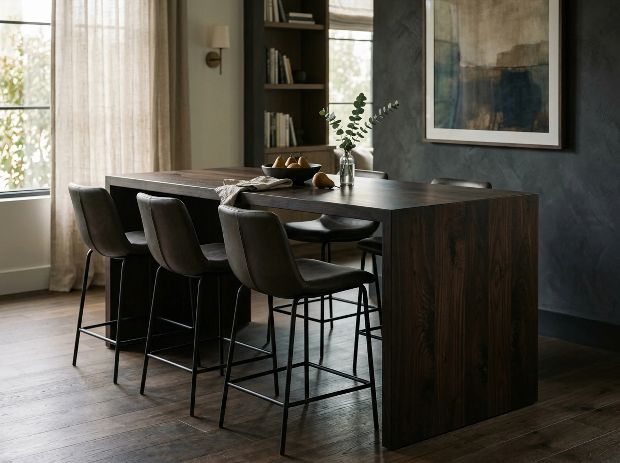 Black Walnut Rubio Black counter-height table in a moody refined dining nook — Fargo Woodworks