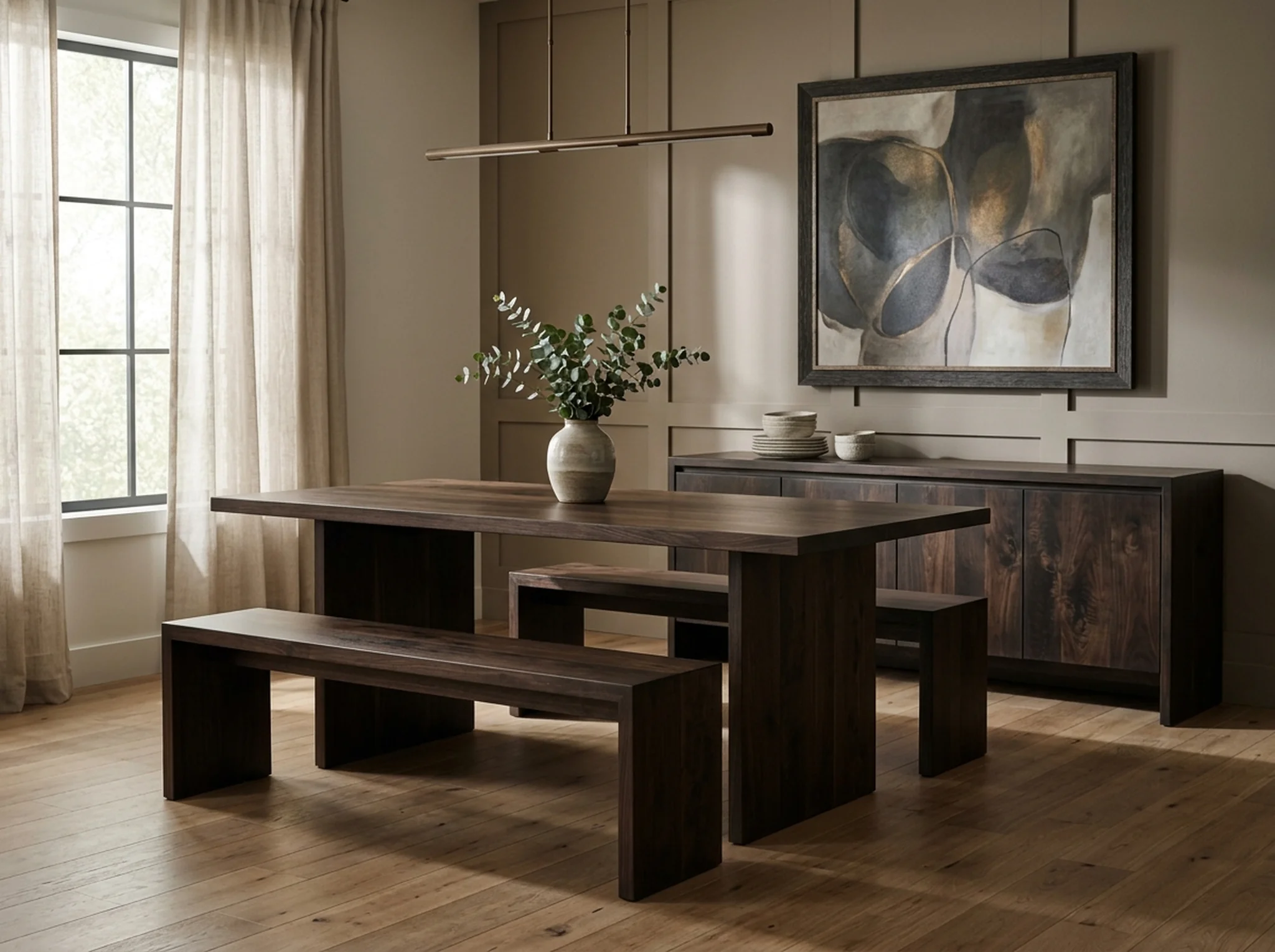 Black Walnut Rubio Black dining set with table, benches, sideboard in a luxurious dining room — Fargo Woodworks