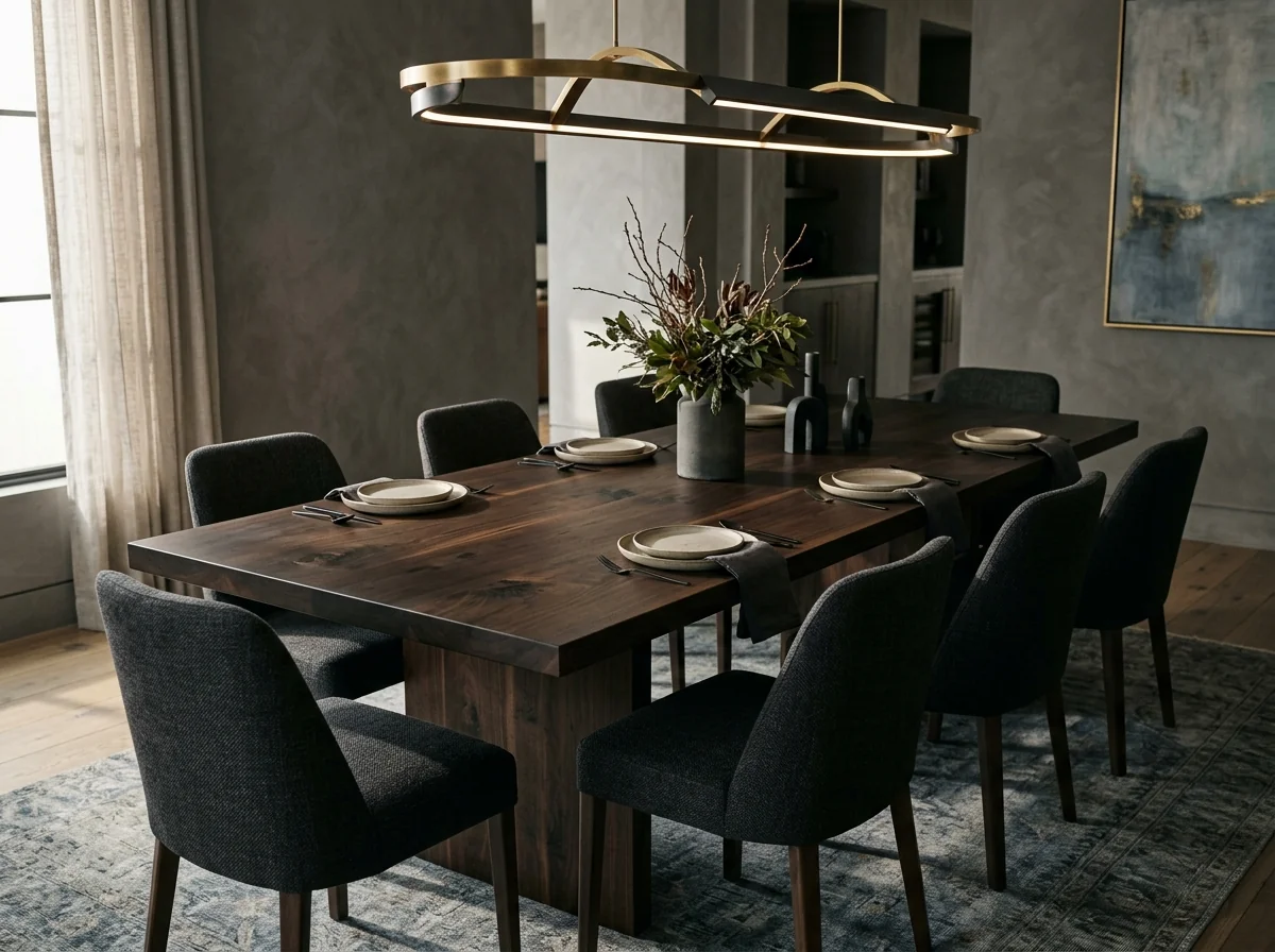 Black Walnut Rubio Black dining table for eight in a moody refined dining room — Fargo Woodworks