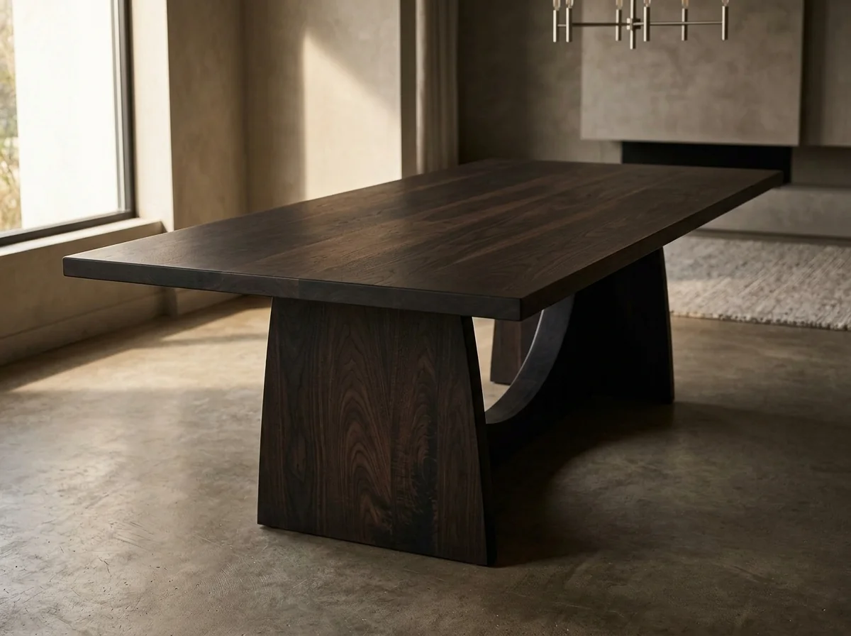 Black Walnut Rubio Black dining table with sculptural pedestal base in a moody refined dining room — Fargo Woodworks