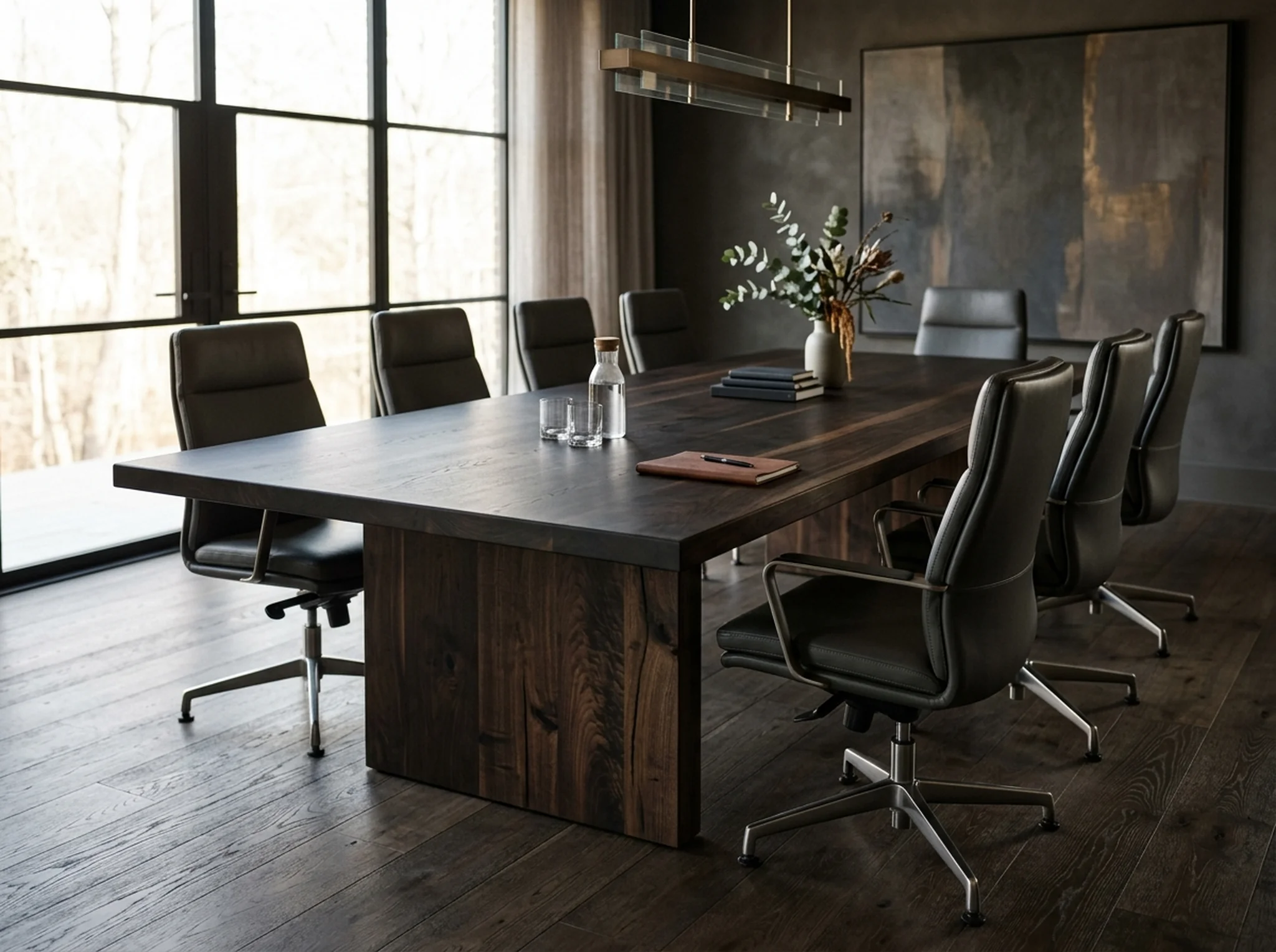 Black Walnut Rubio Black executive conference table with leather chairs in a moody refined boardroom — Fargo Woodworks