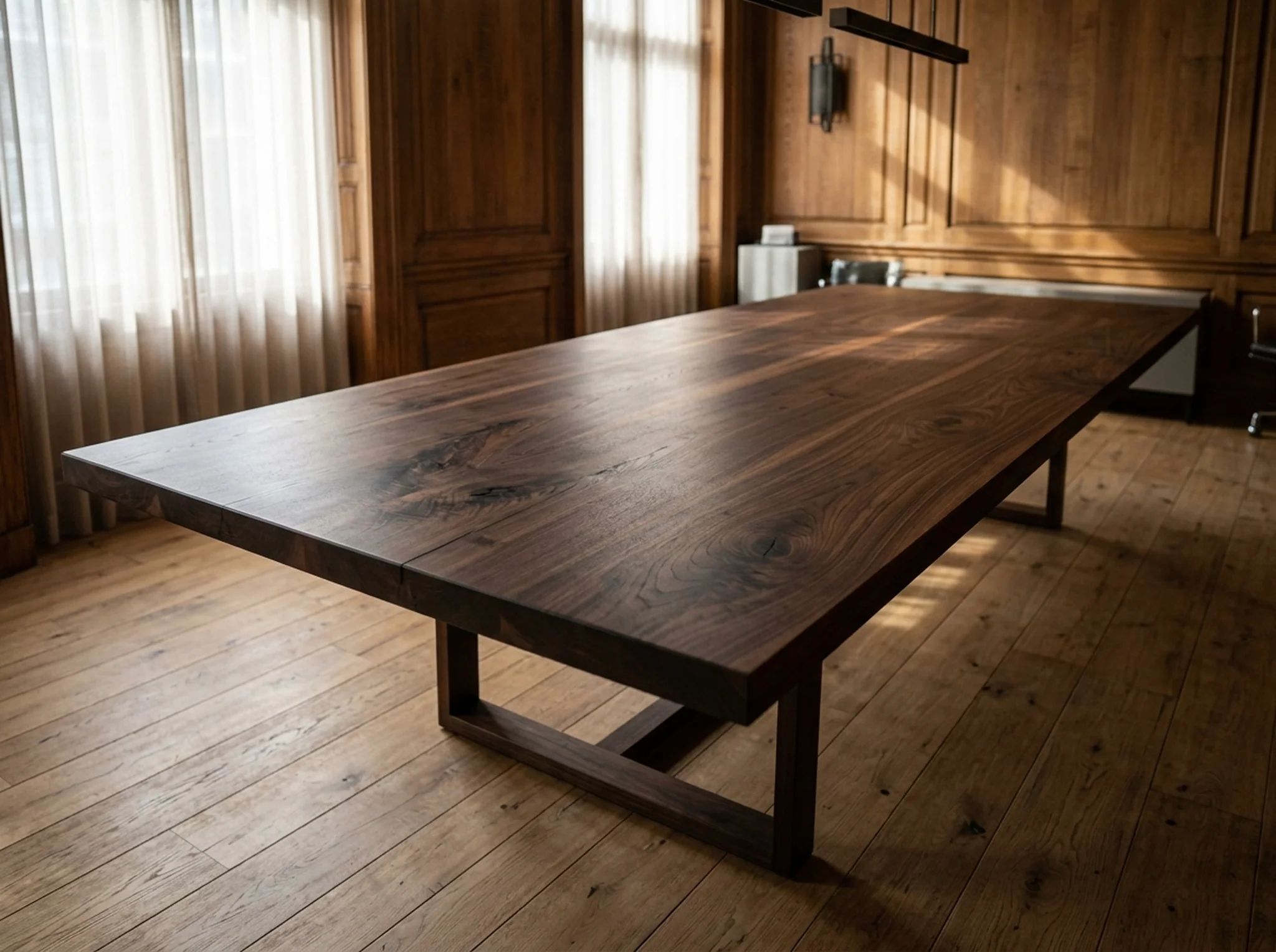 Black Walnut Rubio Black executive conference table in a wood-paneled law firm boardroom — Fargo Woodworks
