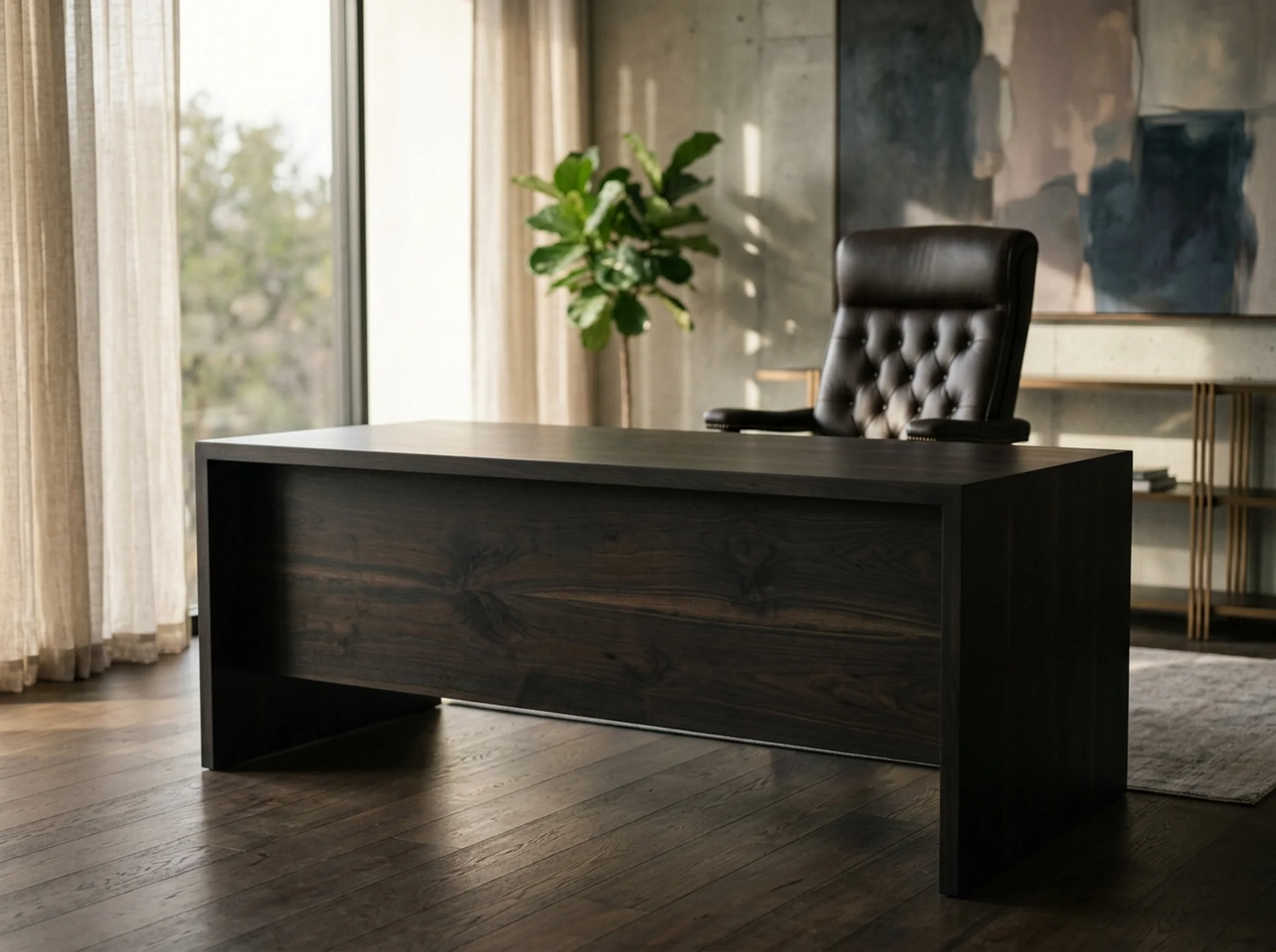 Black Walnut Rubio Black executive desk in a moody quietly luxurious private office — Fargo Woodworks