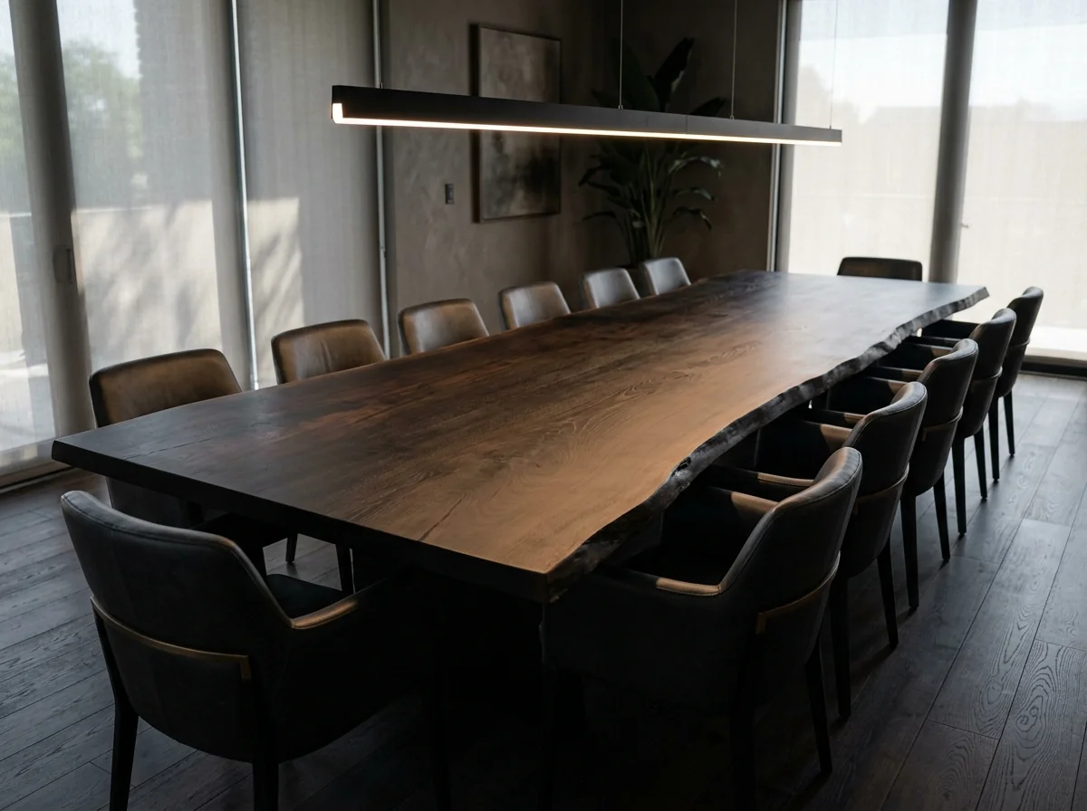 Black Walnut Rubio Black LIVE EDGE conference table for fourteen in a moody luxurious boardroom — Fargo Woodworks