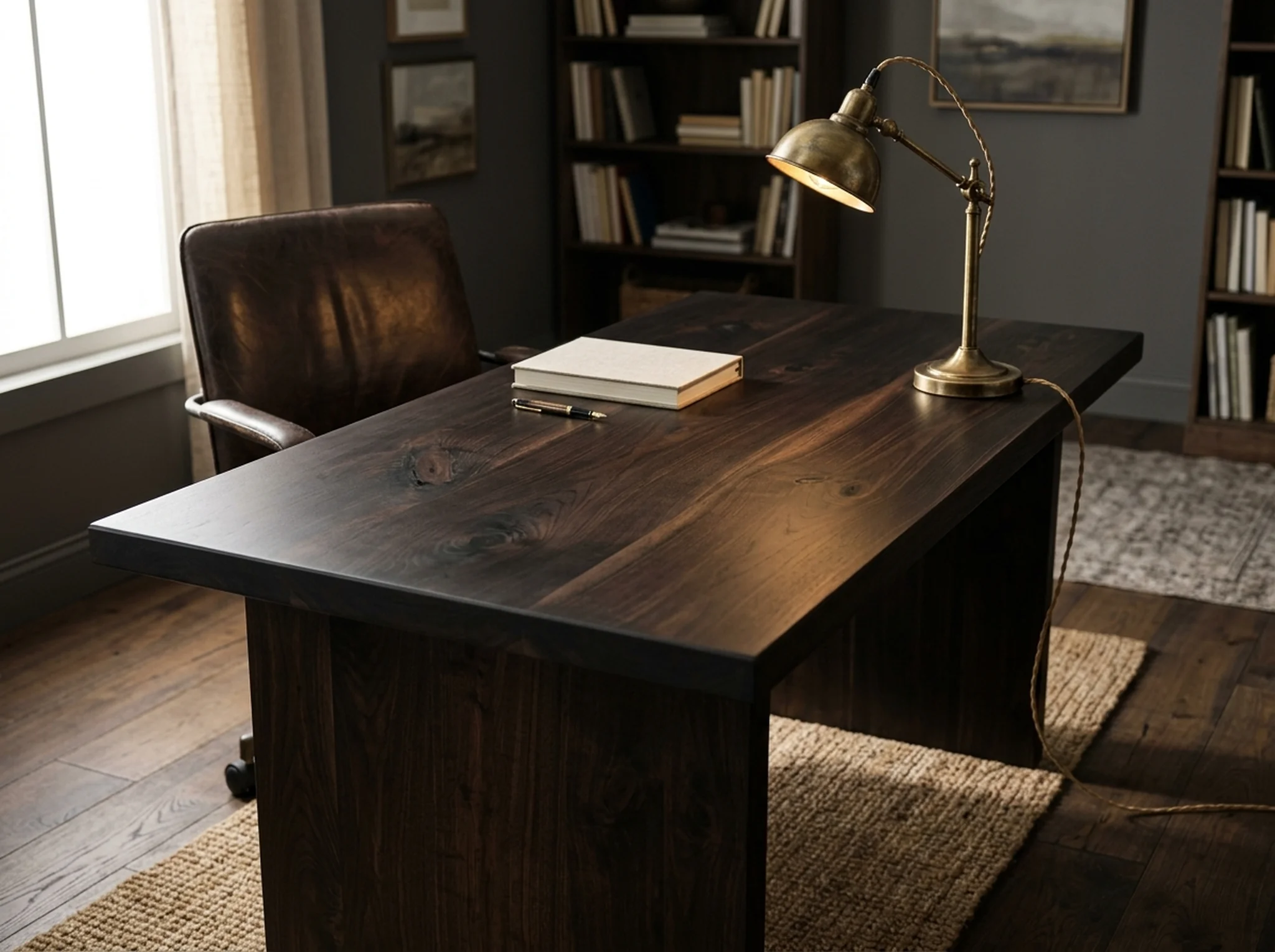 Black Walnut Rubio Black work table in a moody refined home office — Fargo Woodworks