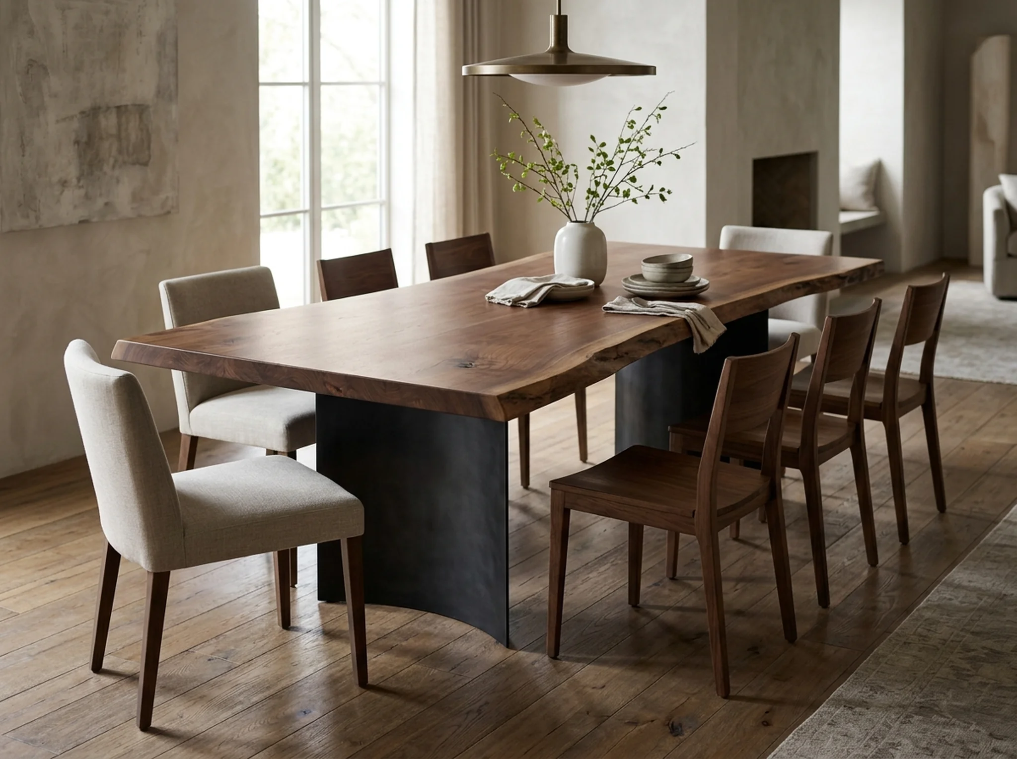 Black Walnut slab dining table with sculptural blackened-steel base — Fargo Woodworks