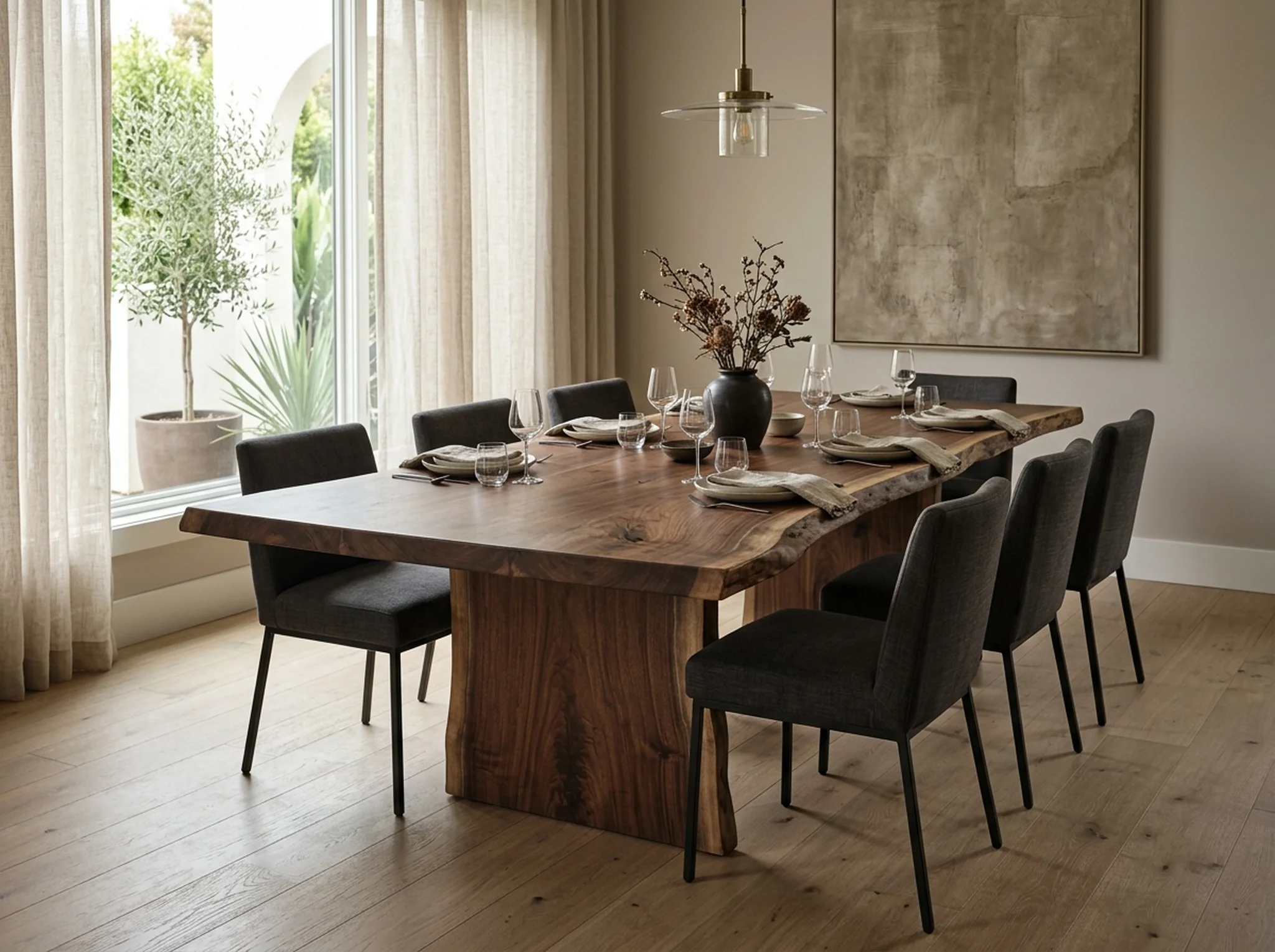 Black Walnut slab dining table in a sun-flooded contemporary dining room — Fargo Woodworks