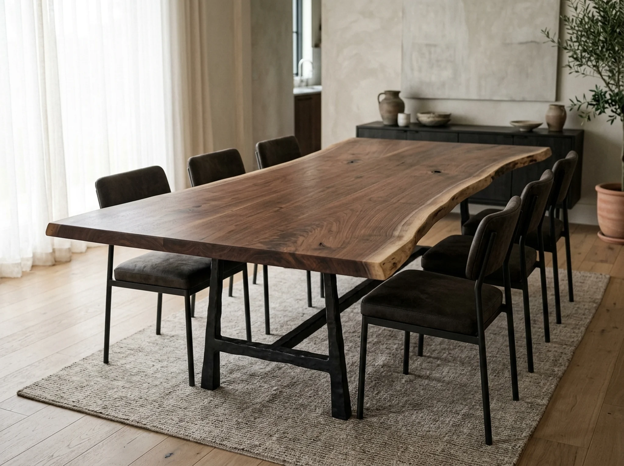 Black Walnut tree slab dining table with sculptural blackened-steel base — Fargo Woodworks