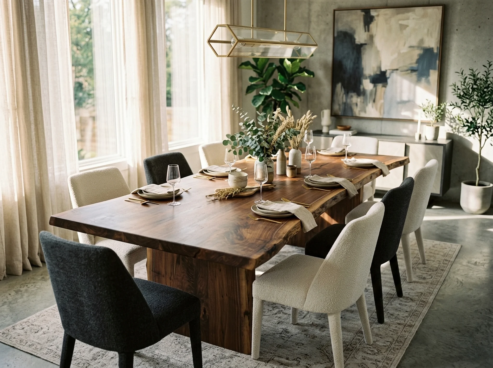 Black Walnut tree slab dining table in a sun-flooded contemporary dining room — Fargo Woodworks