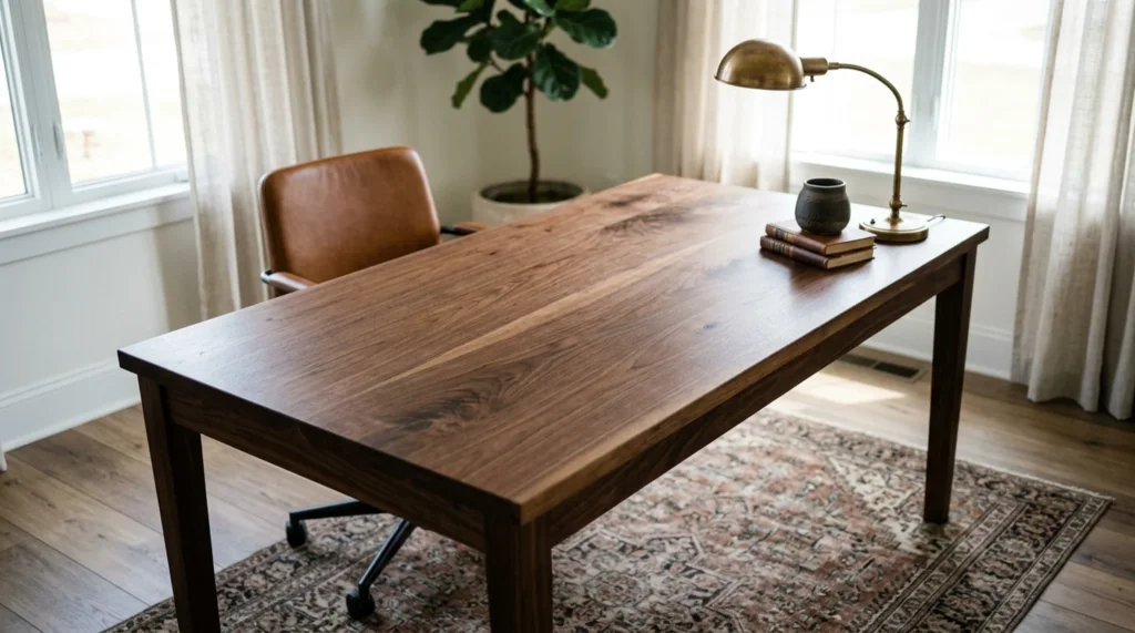 Black Walnut work table in a sunlit refined home office with leather chair and brass task lamp — Fargo Woodworks