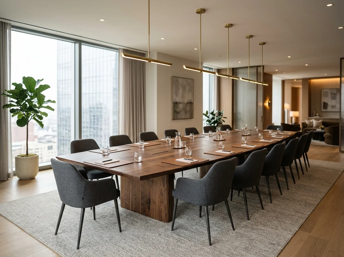 Boat-shaped 20-person Black Walnut conference table in a corporate boardroom — Fargo Woodworks