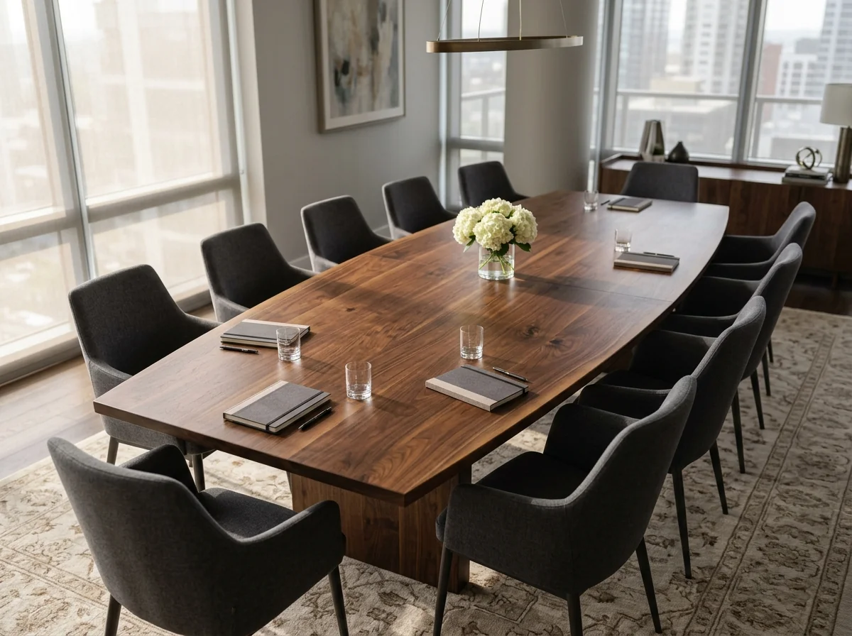 Boat-shaped Black Walnut conference table for twelve in a corporate boardroom — Fargo Woodworks