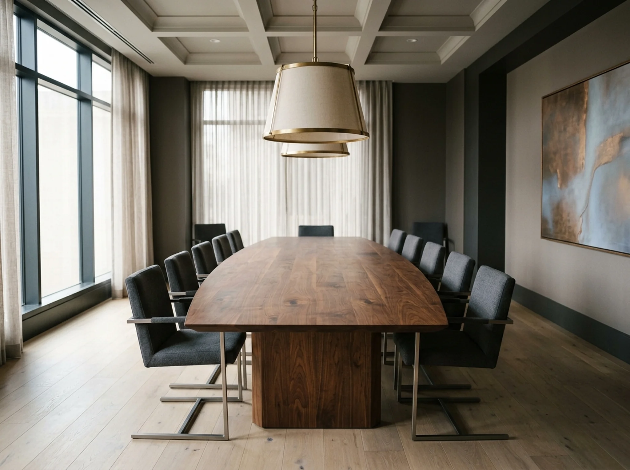 Boat-shaped Black Walnut conference table for twelve in a corporate boardroom — Fargo Woodworks