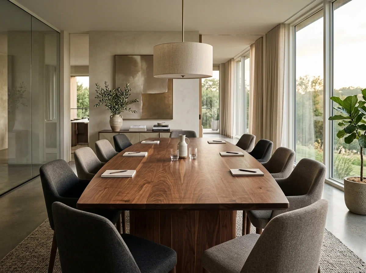Boat-shaped Black Walnut conference table with twelve upholstered chairs — Fargo Woodworks