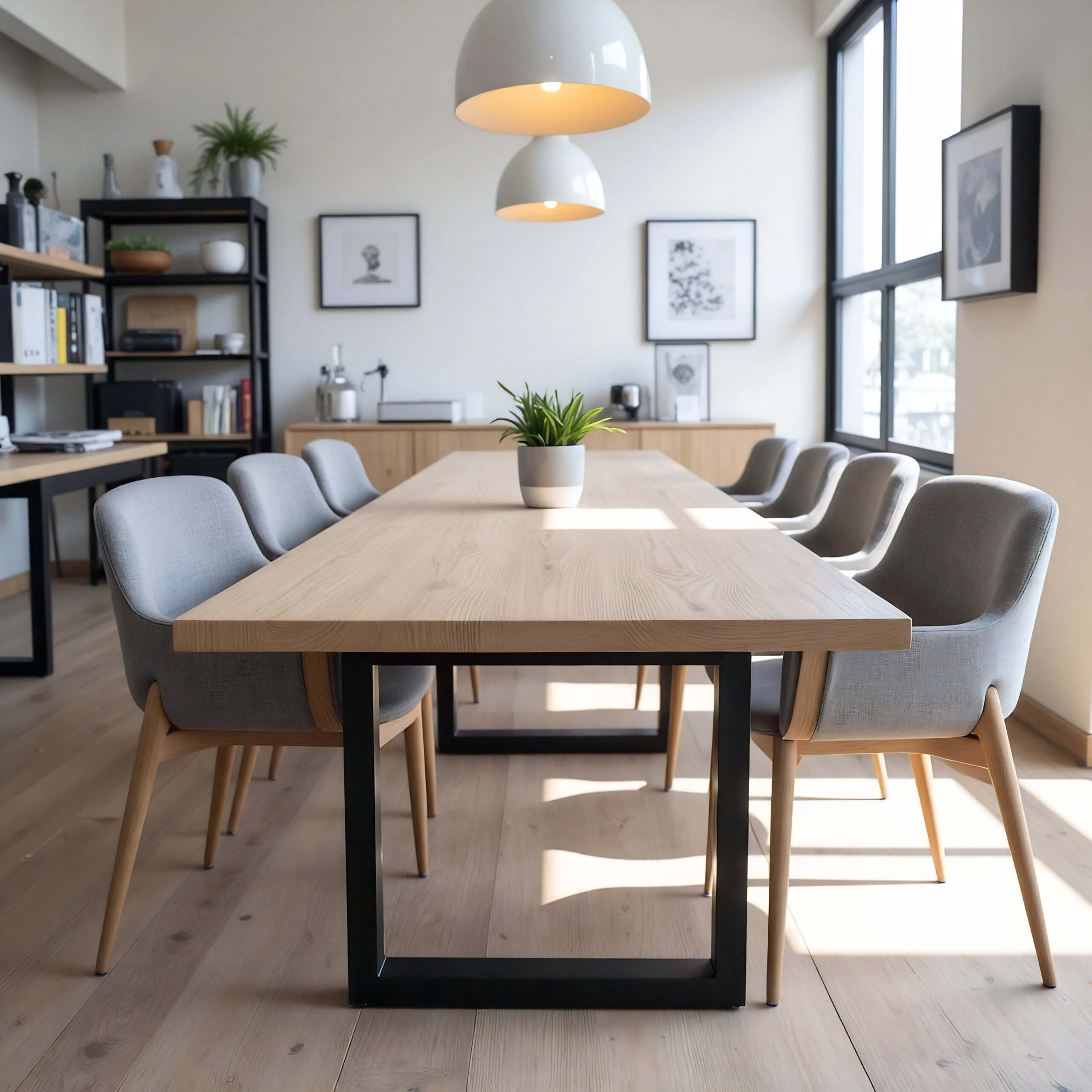 The Broadway Conference Table with gray chairs — Fargo Woodworks
