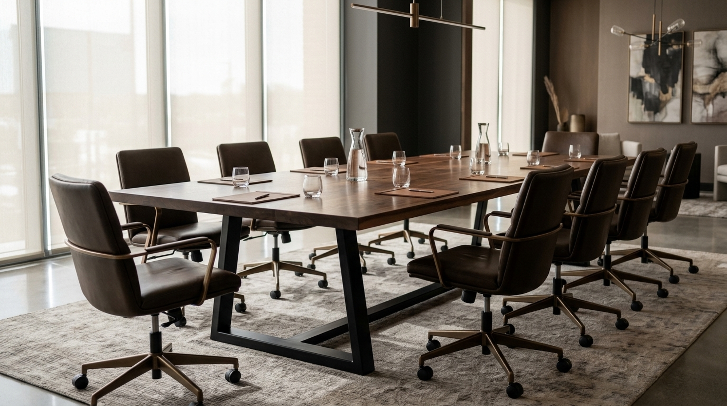 The Cassian solid walnut conference table with matching seating in an executive boardroom — Fargo Woodworks