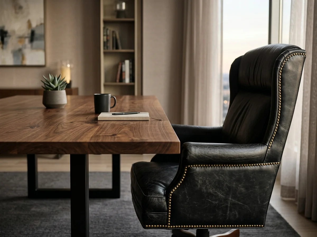 Classic black leather high-back executive chair pulled up to a Black Walnut conference table — Fargo Woodworks