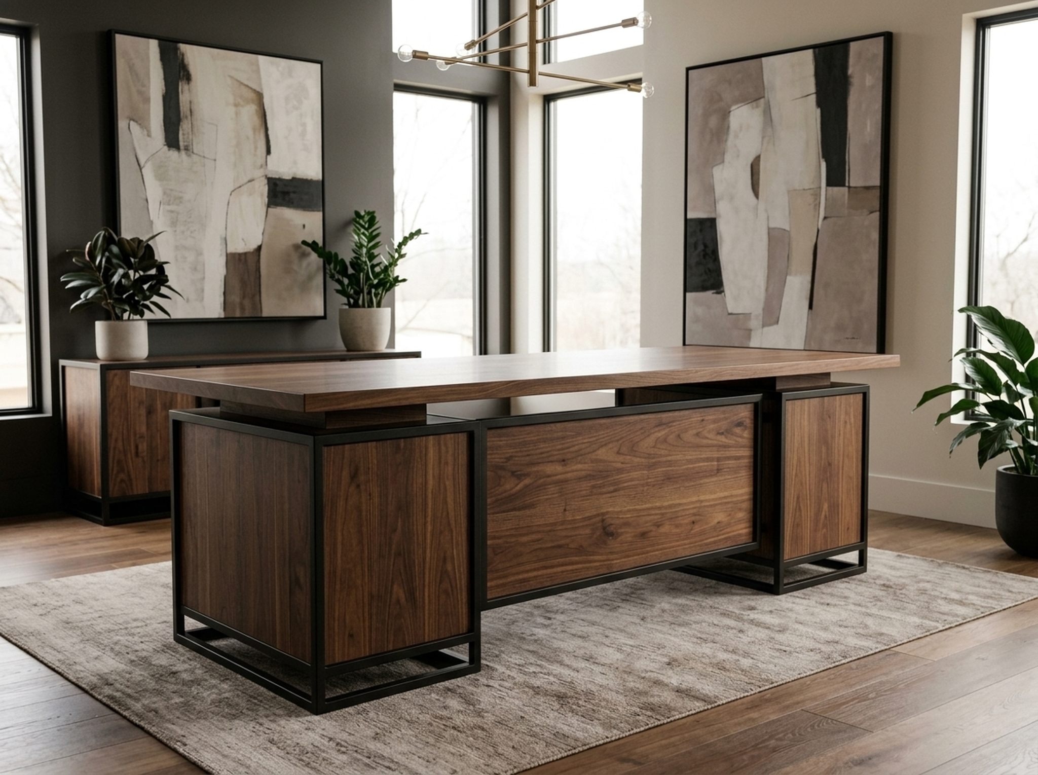 Solid walnut executive desk with a matching credenza in a cohesive executive office — Fargo Woodworks