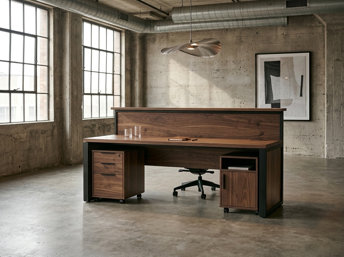 Solid walnut reception desk with matching storage in a cohesive office — Fargo Woodworks