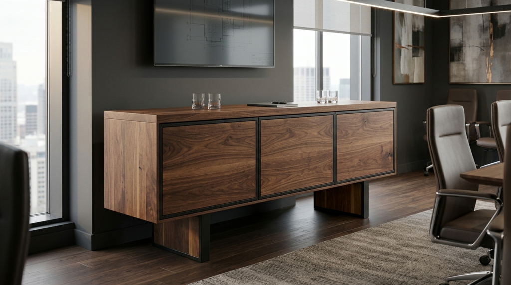 Solid walnut conference room credenza beneath a wall-mounted screen in a boardroom — Fargo Woodworks