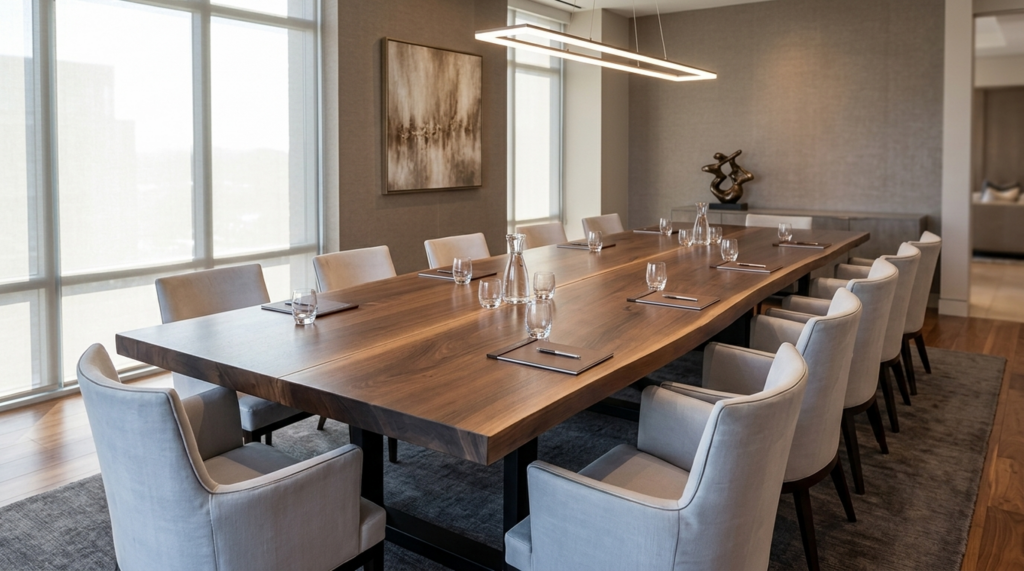 Handcrafted solid walnut live-edge conference table in a warm executive boardroom — Fargo Woodworks