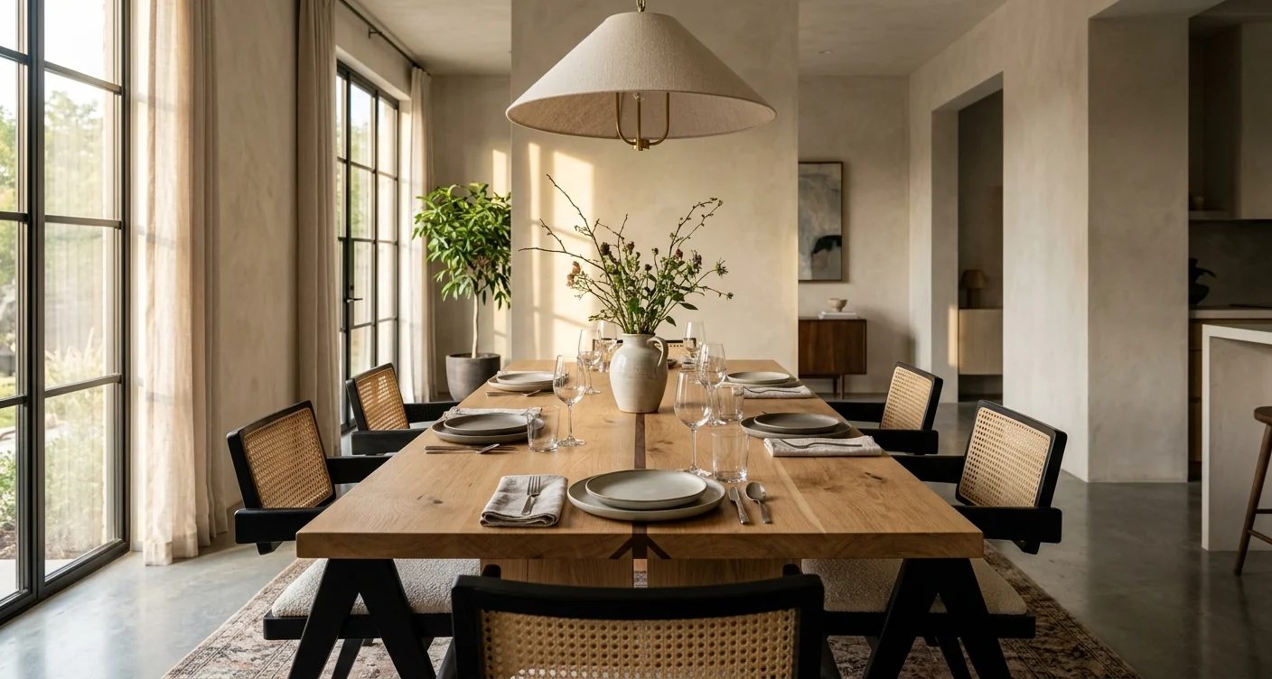 Contemporary White Oak dining table in editorial setting — Fargo Woodworks