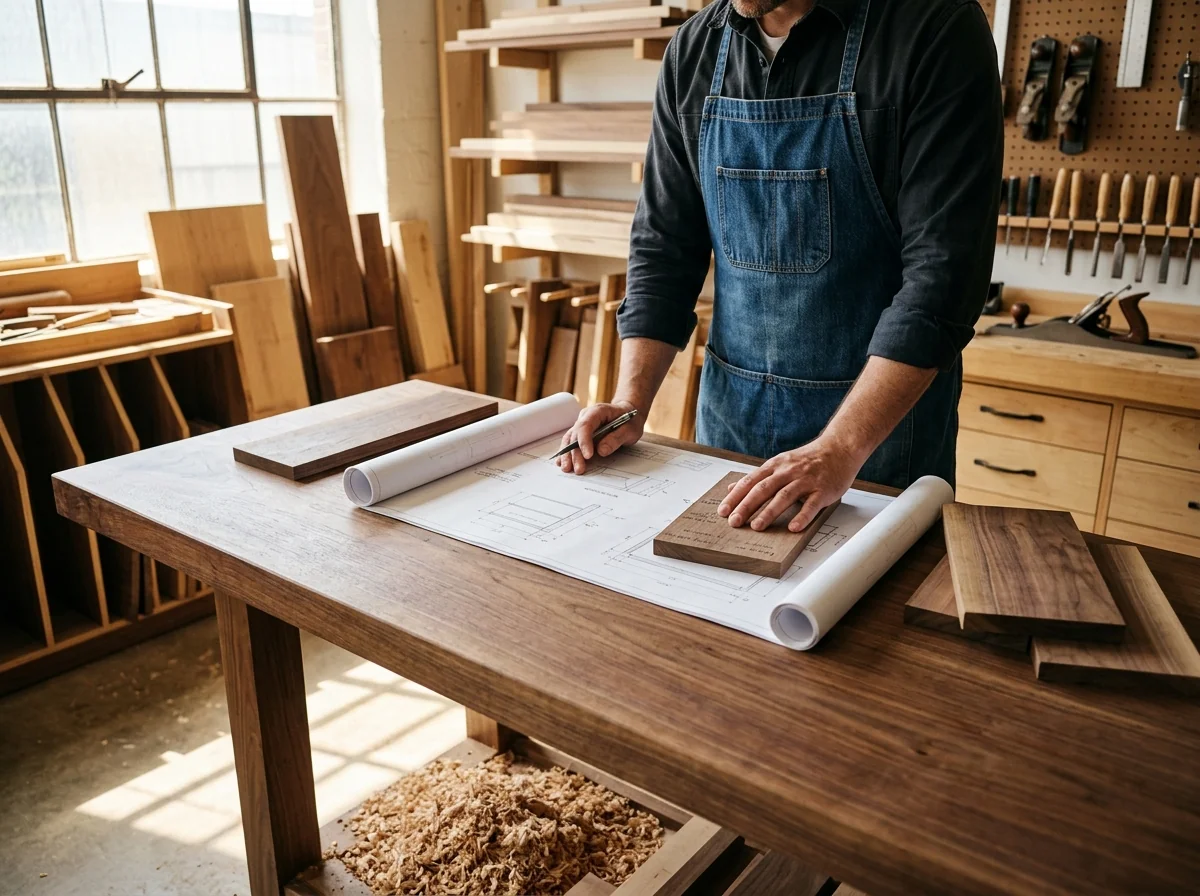 A craftsman in a clean denim apron reviewing wood samples and architectural drawings on a workbench — Fargo Woodworks
