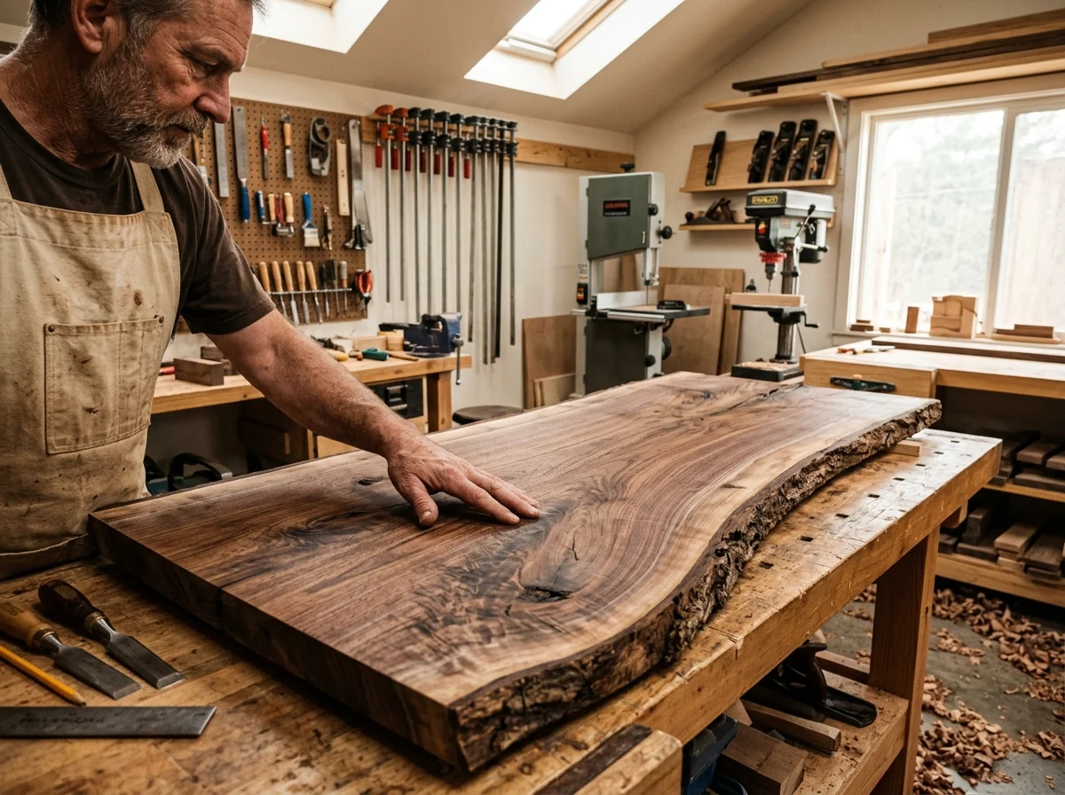 Craftsman examining a Black Walnut live-edge slab in the workshop — Fargo Woodworks