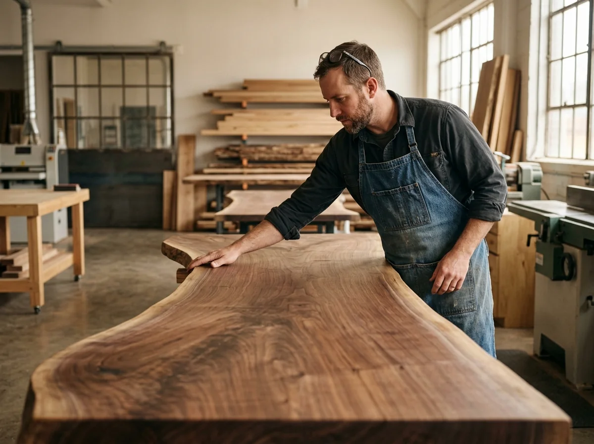 A craftsman inspecting the live edge of a finished Black Walnut slab in a high-end woodshop — Fargo Woodworks