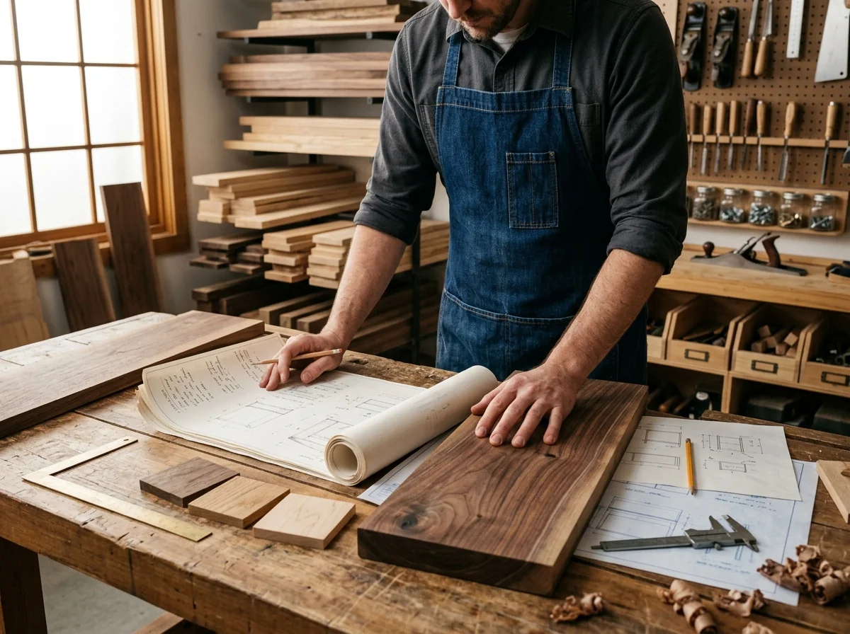 A craftsman reviewing wood samples and architectural drawings on a workbench — Fargo Woodworks