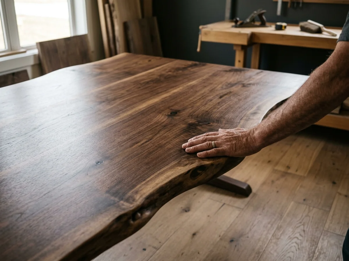 Craftsman's hand resting on a finished Black Walnut LIVE EDGE dining table edge — Fargo Woodworks