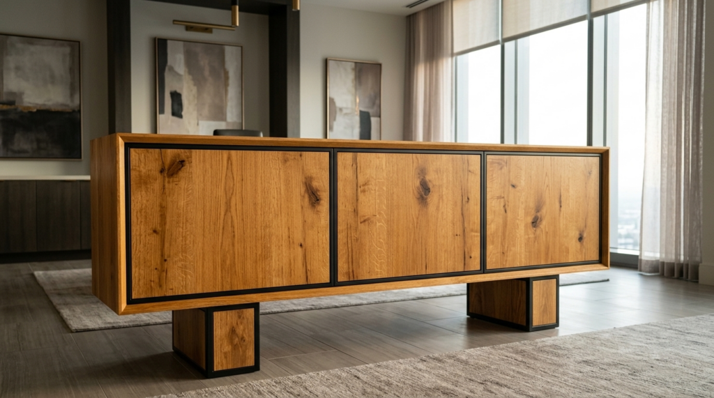 Solid white oak office credenza on a plinth base in a modern office — Fargo Woodworks