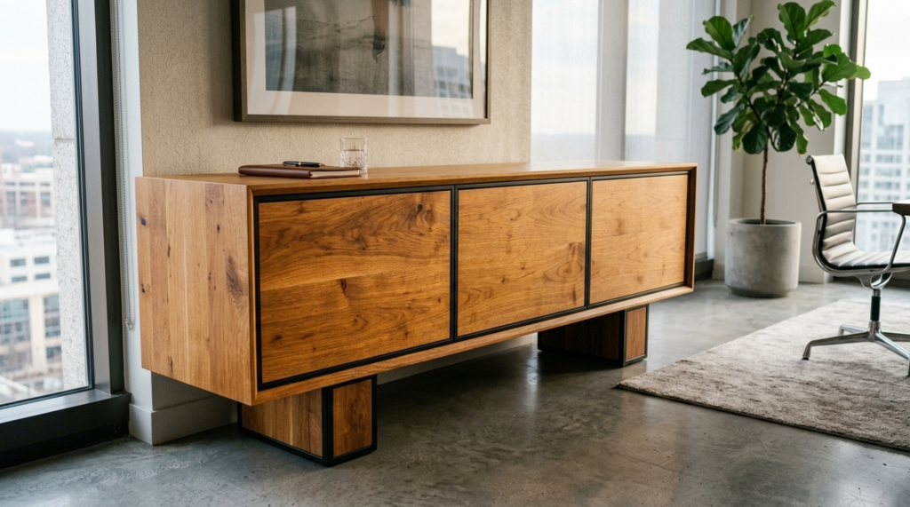Solid white oak office credenza with file storage in a corporate office — Fargo Woodworks