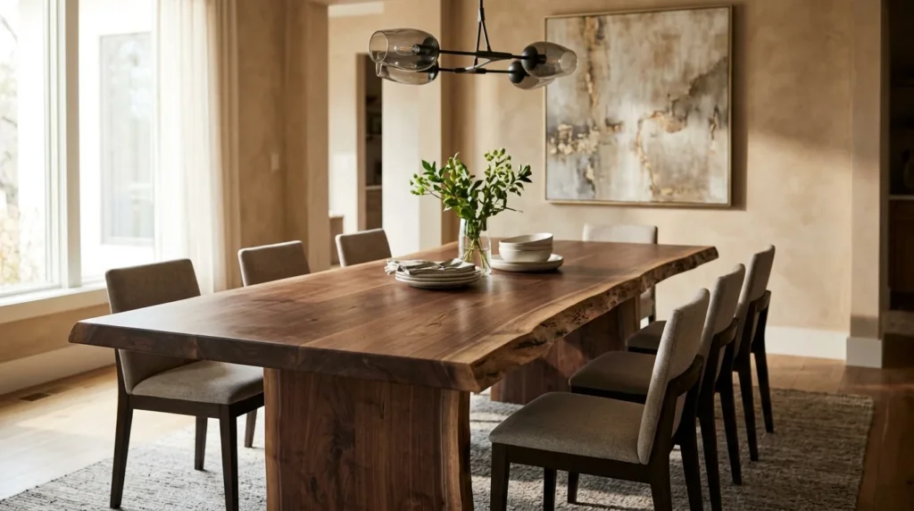 Custom Black Walnut live edge dining table in a beautifully designed dining room with sculptural pendant lighting — Fargo Woodworks
