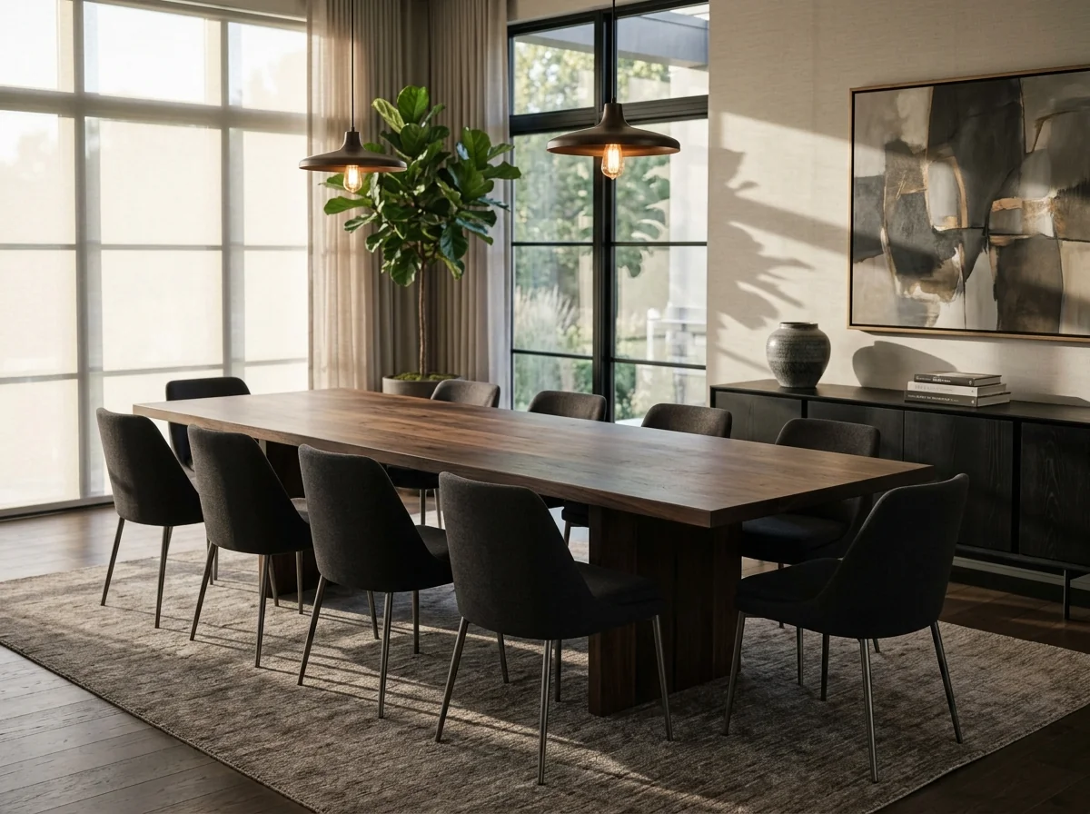 Custom Black Walnut Rubio Black dining table for ten in a finished dining room with two pendant lights — Fargo Woodworks