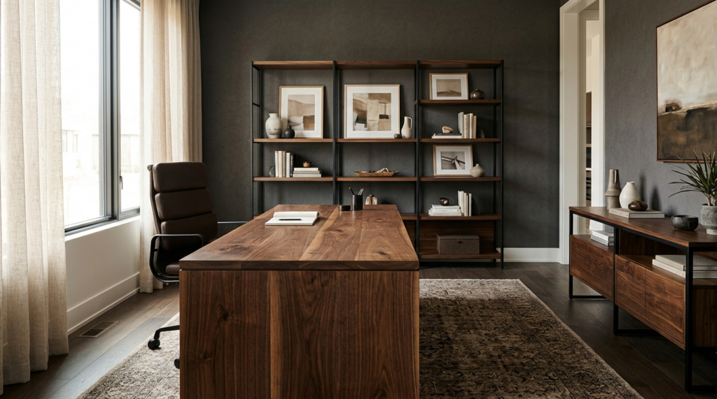A cohesive executive office in matching solid walnut — desk, shelving, and credenza by Fargo Woodworks