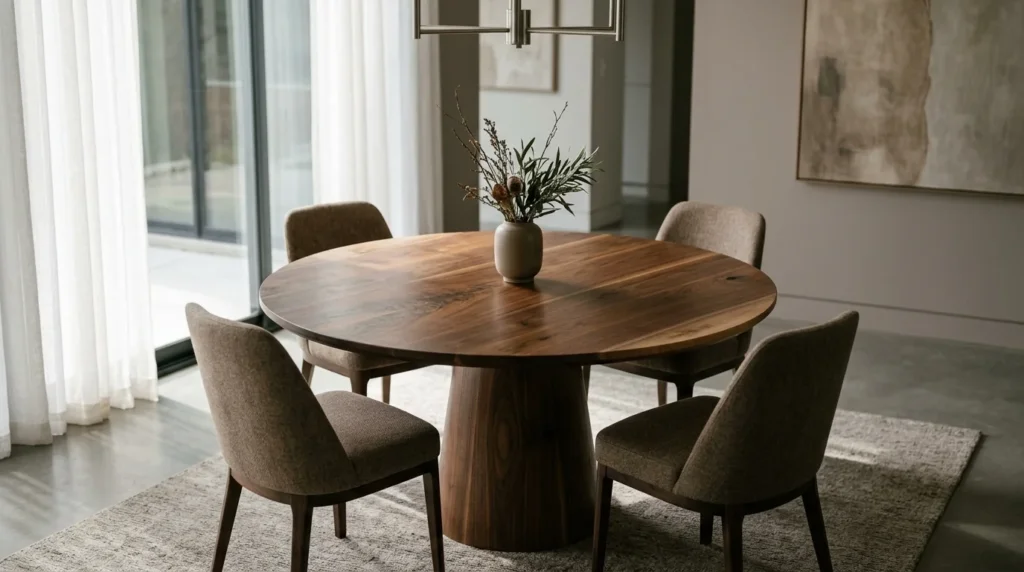 Custom round Black Walnut dining table with sculptural pedestal base in a sunlit modern dining room — Fargo Woodworks