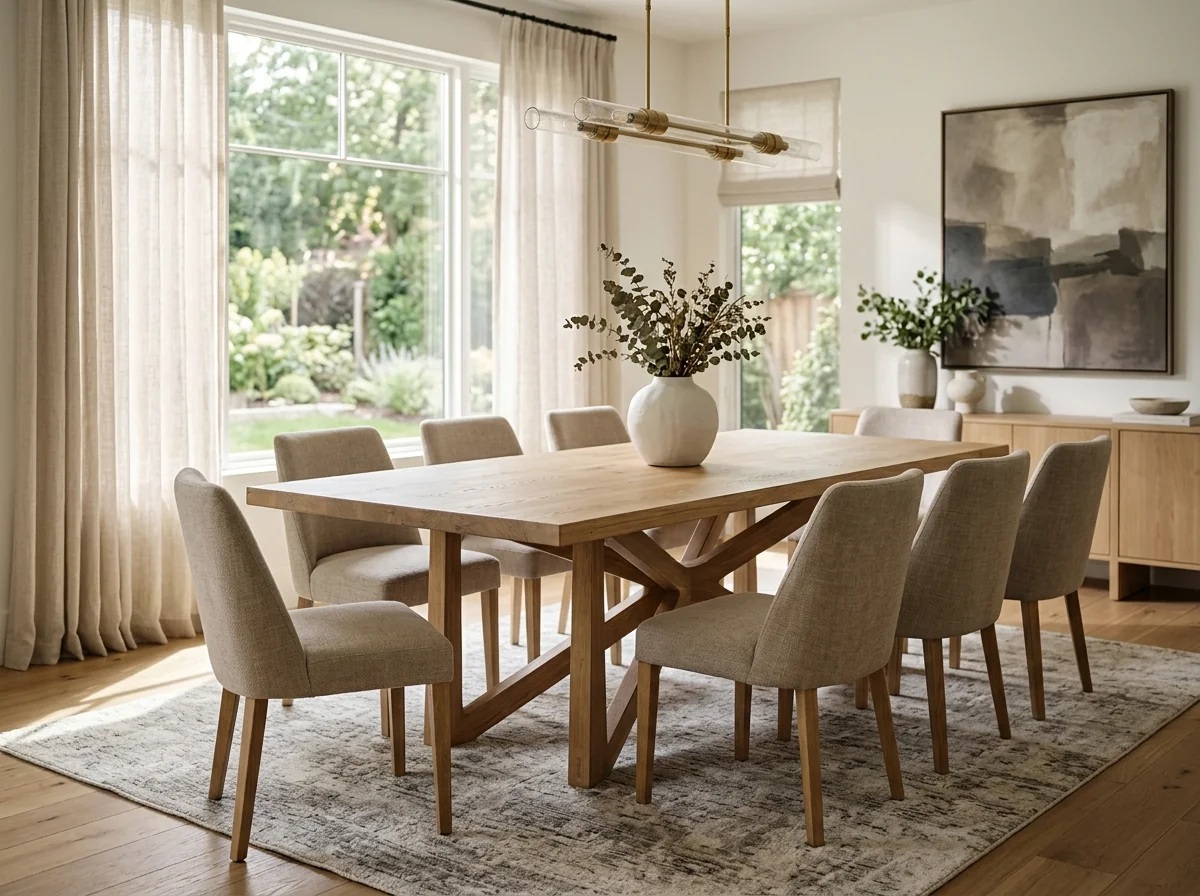 Custom White Oak dining table with sculptural wooden base in a sun-filled modern dining room — Fargo Woodworks