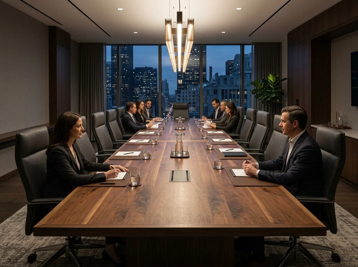 Eighteen-foot Black Walnut conference table in a quietly luxurious corporate boardroom with sixteen leather chairs — Fargo Woodworks
