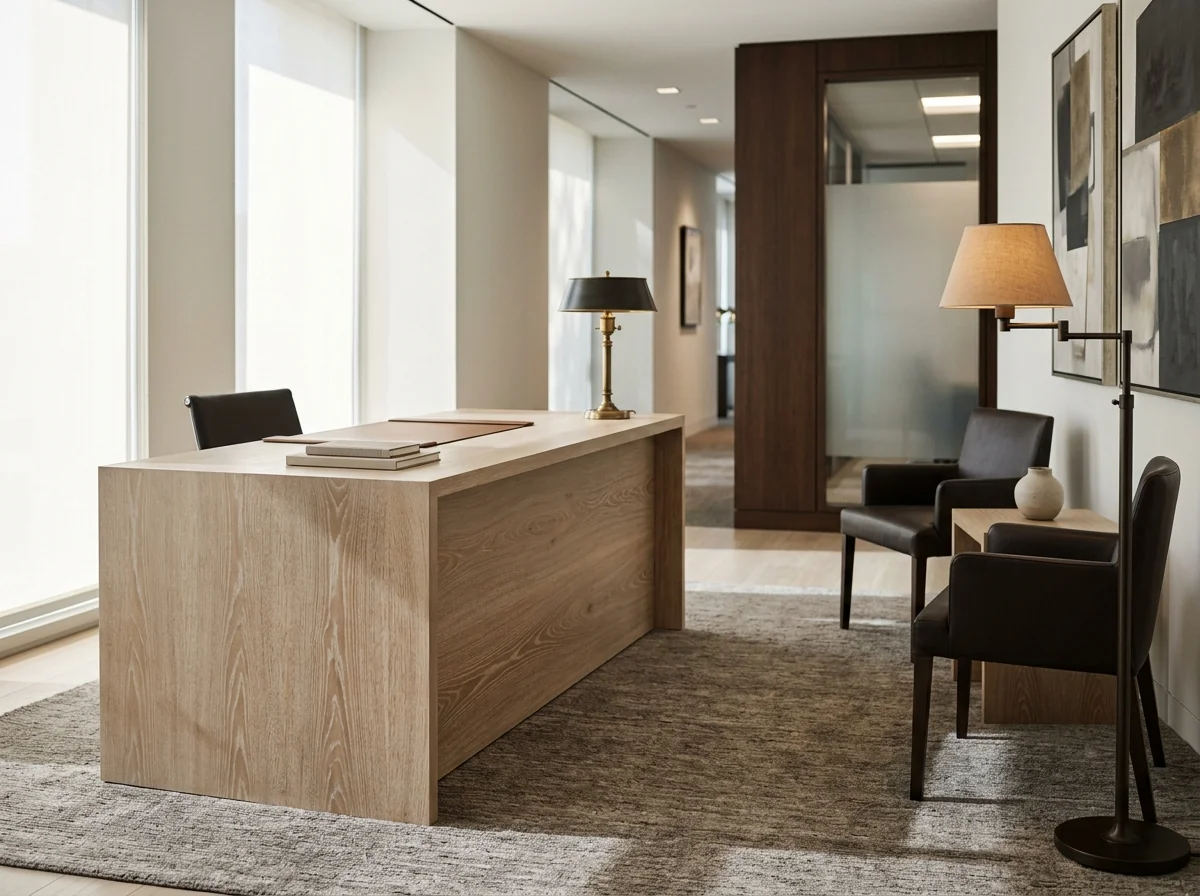Elegant White Oak Cotton White reception desk in a high-end law firm lobby with leather guest chairs — Fargo Woodworks