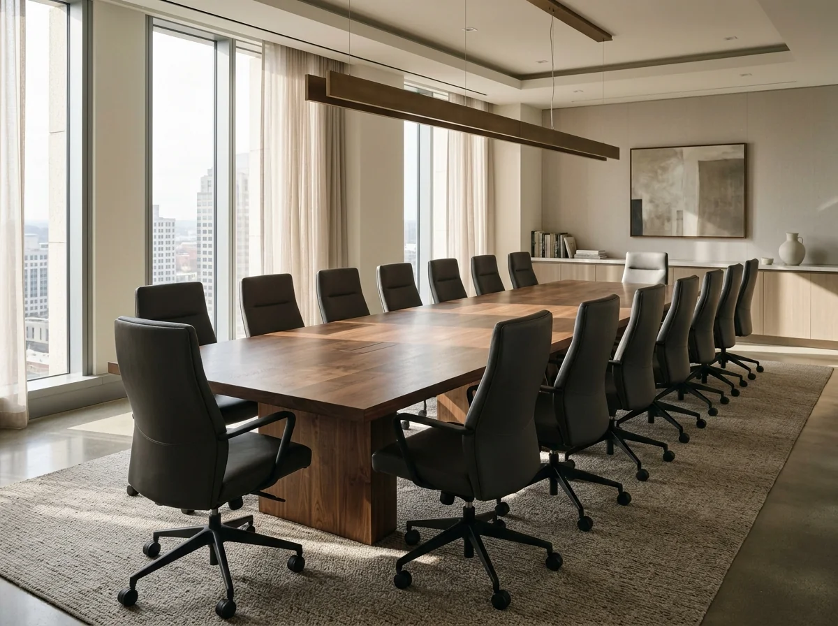 Executive boardroom with a 20-person Black Walnut conference table and tall windows — Fargo Woodworks