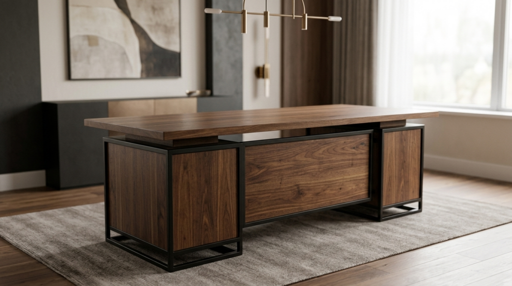 Handcrafted solid walnut executive desk with steel frame in an upscale office — Fargo Woodworks