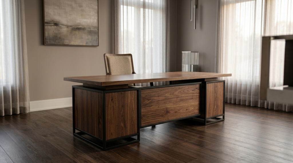 Solid walnut executive desk in a private office showing standard desk dimensions — Fargo Woodworks