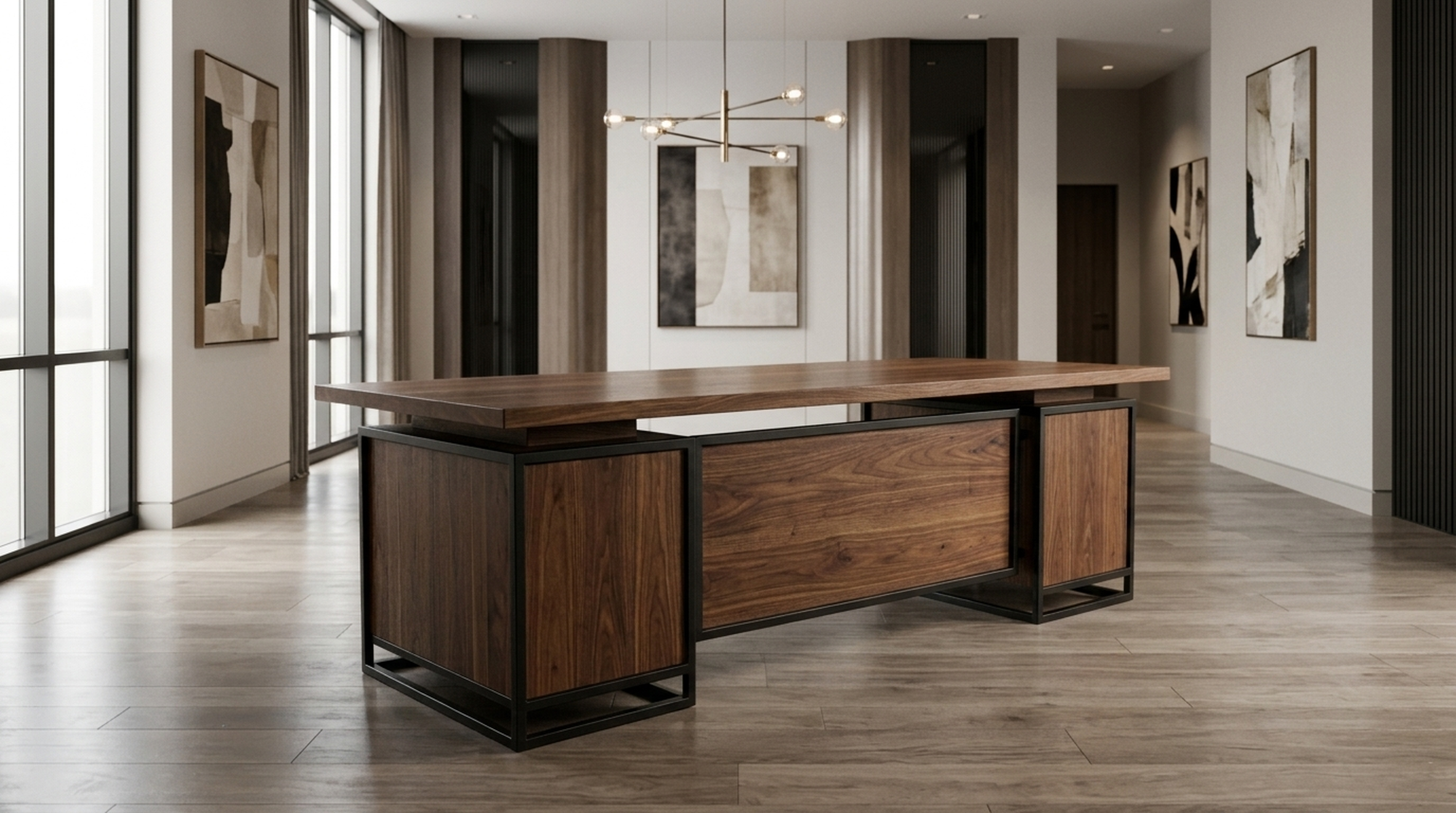 Solid walnut executive desk with a steel base — Fargo Woodworks