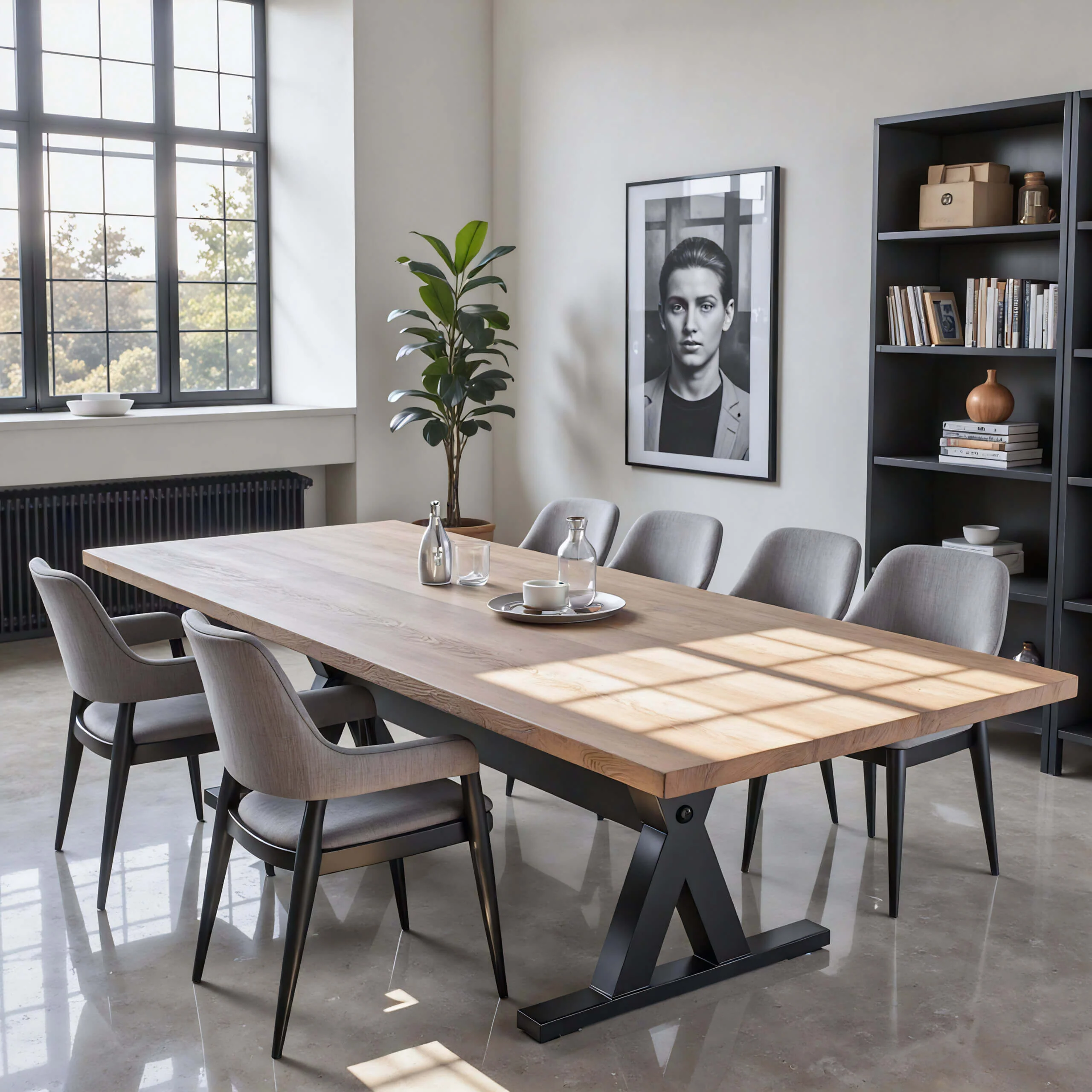 The Forge Conference Table with gray chairs in modern conference room — Fargo Woodworks