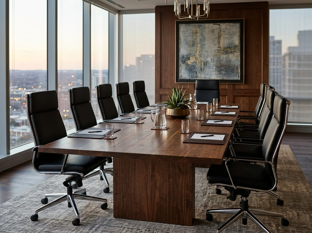 Fourteen-foot Black Walnut conference table with high-back leather chairs in financial executive boardroom — Fargo Woodworks