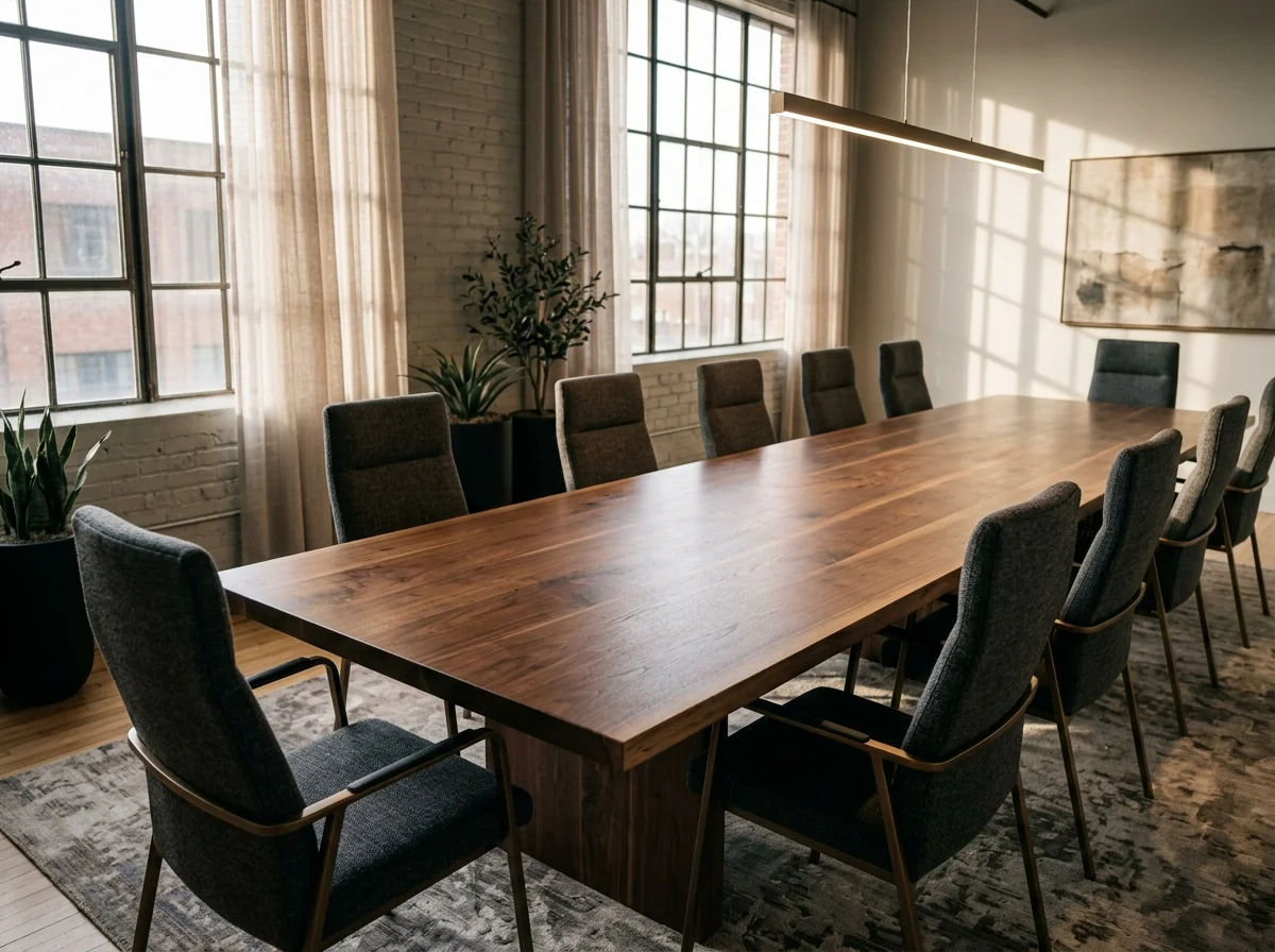 Fourteen-foot Black Walnut conference table with twelve matching high-back upholstered chairs — Fargo Woodworks