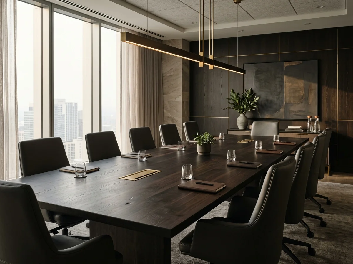 Fourteen-foot Black Walnut Rubio Black conference table with brushed-brass power modules — Fargo Woodworks