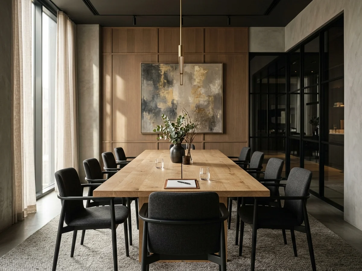 Fourteen-foot White Oak Rubio Natural conference table in a modern boardroom with twelve chairs — Fargo Woodworks
